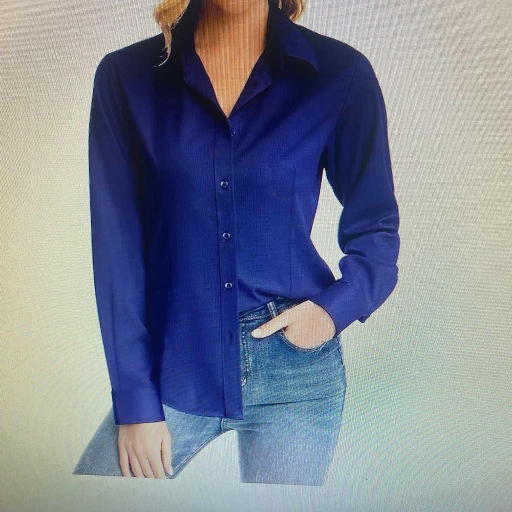 Blue tailored fitted button-down long-sleeve blouse wrinkle-free